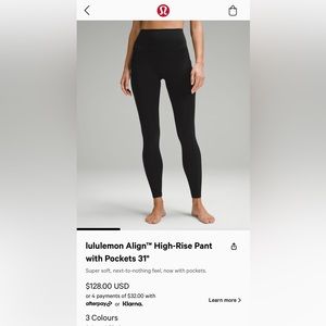 Lululemon Align size 4, 31” with pockets